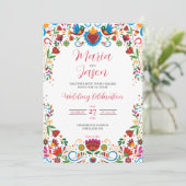 Mexicaanse Floral Otomi Kleurrijke Fiesta bruiloft Kaart (Staand voorkant)