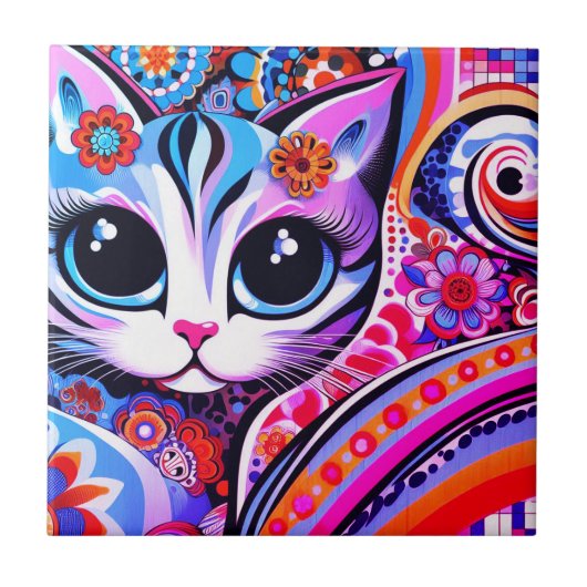 Mexicaanse Folk Art Abstract Kitty Cat Talavera St Tegeltje (Voorkant)