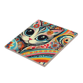 Mexicaanse Folk Art Abstract Kitty Cat Talavera St Tegeltje