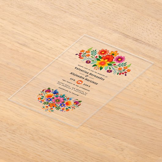 Mexicaanse Folk Art Bloemen Transparante bruiloft Acryl Uitnodigingen (Laagn)