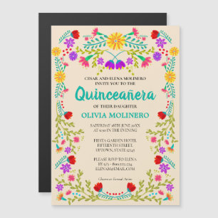 Mexicaanse Folk Art Floral Champagne Quinceanera Magnetische Uitnodiging