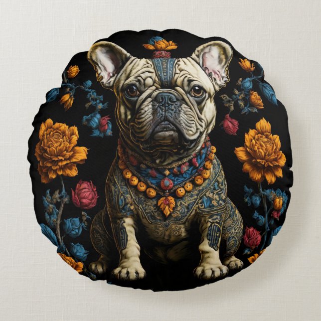 Mexicaanse Folk Art Franse Bulldog Rond Kussen (Voorkant)
