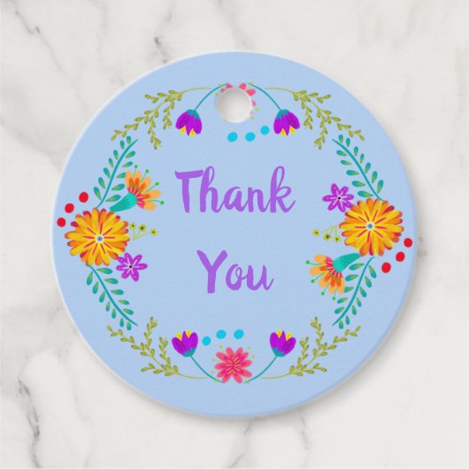 Mexicaanse Folk Art Lichtblauw Bloemen Dank u Bedankjes Labels (Voorkant)