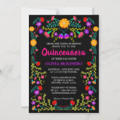 Mexicaanse Folk Art Zwart Kleurrijke Bloemen Quinc Magnetische Uitnodiging (Voorkant)