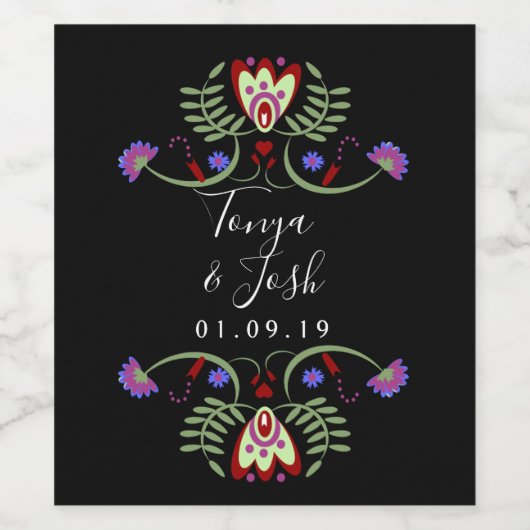 Mexicaanse Folk Bloemen Bruiloft | Vette mini hart Wijn Etiket (Enkel label)