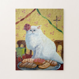 Mexicaanse folk geïnspireerde witte kat legpuzzel