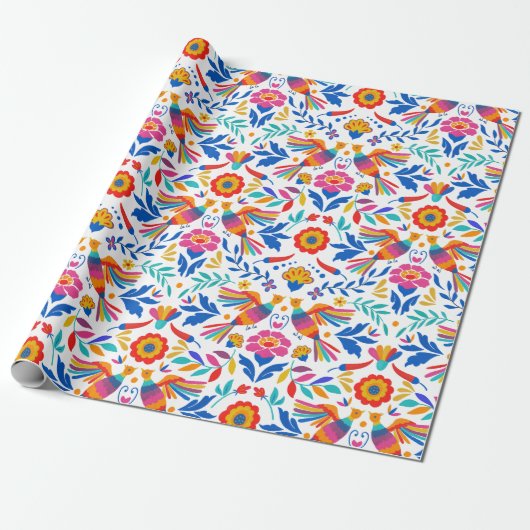 Mexicaanse Folk Pattern Bird Floral Wrapping Paper Cadeaupapier (Uitgerold)