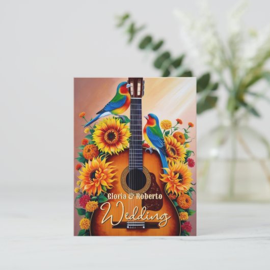 Mexicaanse gitaar Zonnebloemen en Lovebirds Weddin Kaart (Staand voorkant)