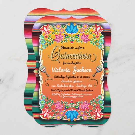 Mexicaanse gouden Fiesta Quinceañera Uitnodigingen (Voorkant / Achterkant)