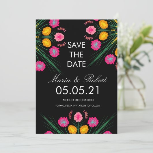 Mexicaanse hand tekende Floral Black roze sparen d Kaart (Staand voorkant)
