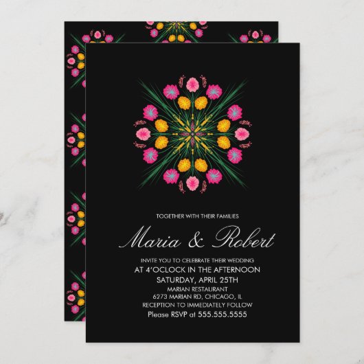 Mexicaanse handtekening Floral Black Pink Wedding Kaart (Voorkant / Achterkant)