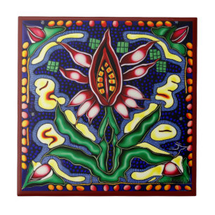 Mexicaanse huichol art style lily keramic tegel tegeltje