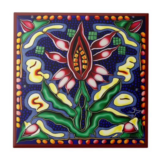 Mexicaanse huichol art style lily keramic tegel tegeltje (Voorkant)