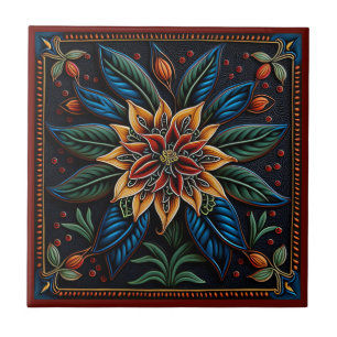 Mexicaanse huichol art style lily keramic tegel tegeltje