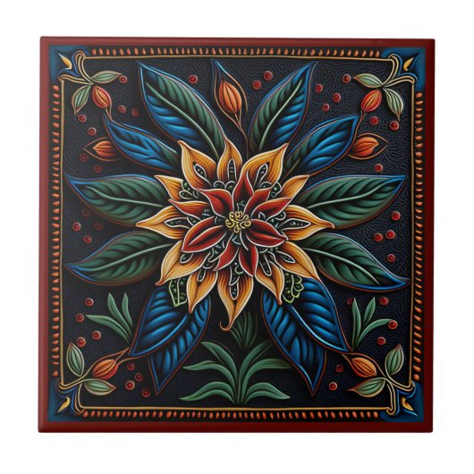 Mexicaanse huichol art style lily keramic tegel tegeltje (Voorkant)