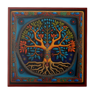 Mexicaanse huichol art tree of life keramische teg tegeltje