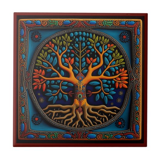 Mexicaanse huichol art tree of life keramische teg tegeltje (Voorkant)
