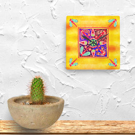 Mexicaanse Huichol Golden en Paarse kunstpatronen Vierkante Klok