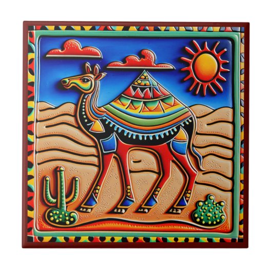 Mexicaanse huichol-kunstaardekeramische tegel tegeltje (Voorkant)