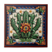 Mexicaanse Huichol stijl cactus keramische tegel 1 Tegeltje (Voorkant)