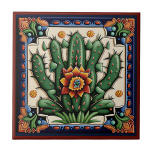 Mexicaanse Huichol stijl cactus keramische tegel 1 Tegeltje