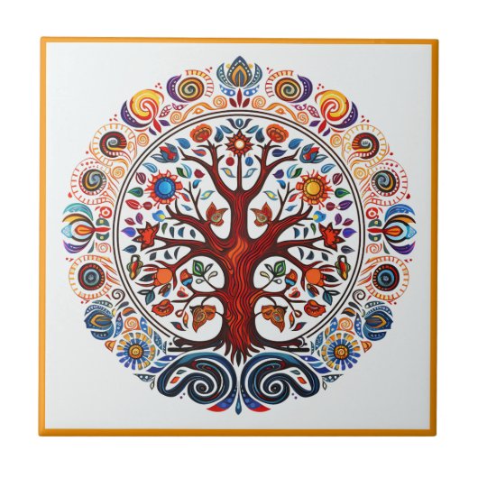 Mexicaanse huichol tree of life keramische tegel tegeltje (Voorkant)