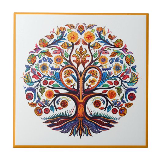 Mexicaanse huichol tree of life keramische tegel tegeltje (Voorkant)