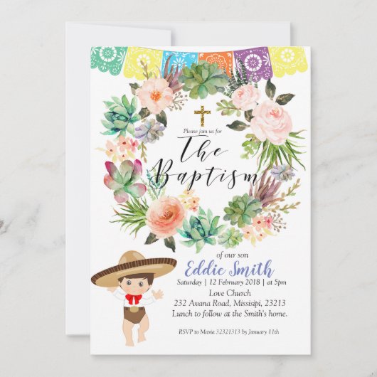 Mexicaanse Jongen Doop Uitnodigingskaart Kaart (Voorkant)