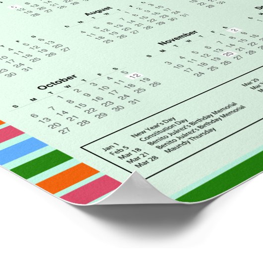 Mexicaanse kalender 2024 met Feestdagen | PDF down Poster (Hoek)