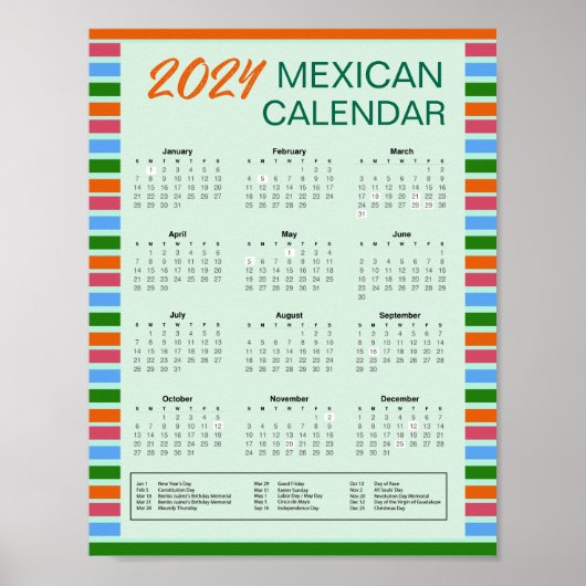 Mexicaanse kalender 2024 met Feestdagen | PDF down Poster (Voorkant)