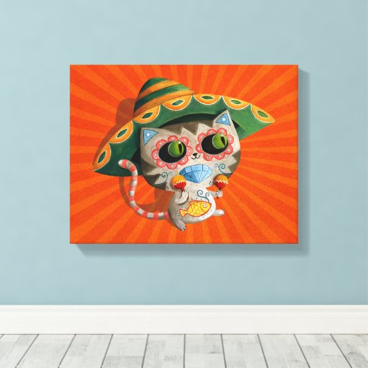 Mexicaanse Kat met Sombrero Canvas Afdruk (Insitu (Houten vloer))