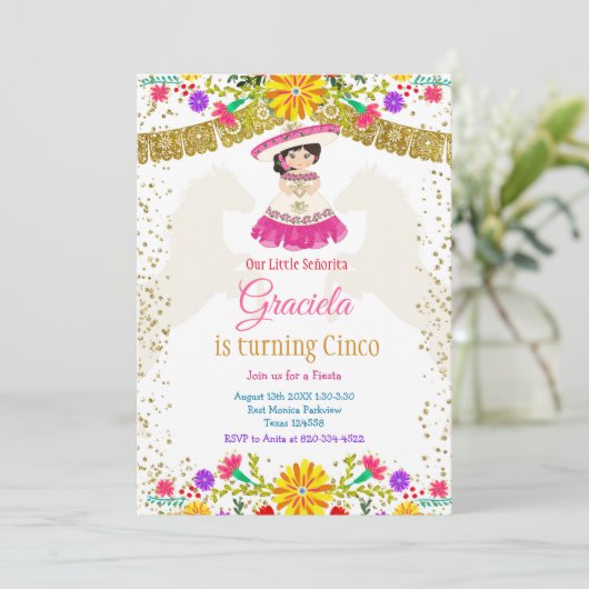 Mexicaanse kleurrijke bloemen met gouden glitter kaart (Staand voorkant)