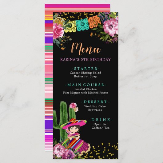 Mexicaanse kleurrijke Fiesta Floral Verjaardag Menu (Voorkant / Achterkant)
