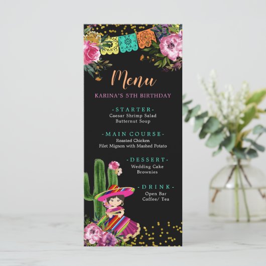 Mexicaanse kleurrijke Fiesta Floral Verjaardag Menu (Staand voorkant)
