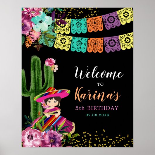 Mexicaanse kleurrijke Fiesta Floral Verjaardag Wel Poster (Voorkant)