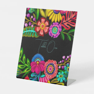 Mexicaanse Kleurrijke Flora Bruiloft Tafelnummers Reclamebord Met Voetstuk
