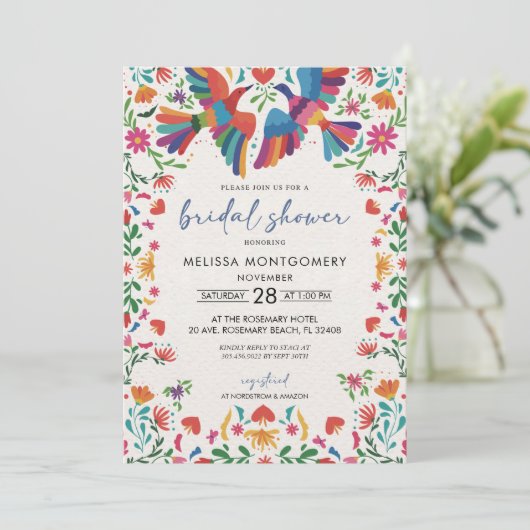 Mexicaanse kleurrijke vogel bruids douche uitnodig kaart (Staand voorkant)