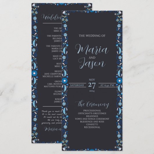 Mexicaanse Marine Blauwe Bloemen Elegante Klassiek Programmakaart (Voorkant / Achterkant)