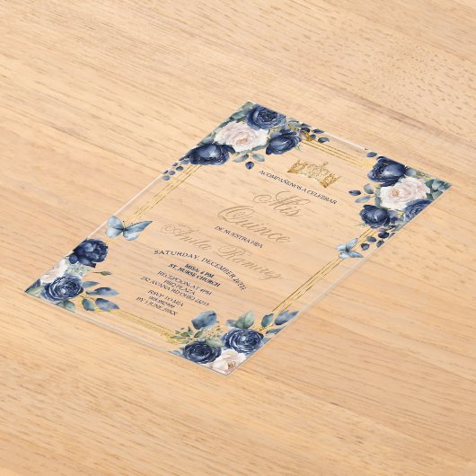 Mexicaanse Marine Blauwe Bloemen & Gouden Kroon Mi Acryl Uitnodigingen (Laagn)