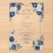 Mexicaanse Marine Blauwe Bloemen & Gouden Kroon Mi Acryl Uitnodigingen (Voorkant)