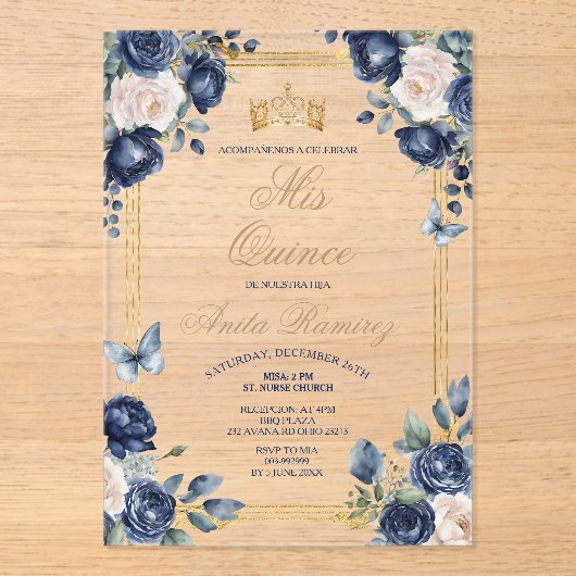 Mexicaanse Marine Blauwe Bloemen & Gouden Kroon Mi Acryl Uitnodigingen (Voorkant)