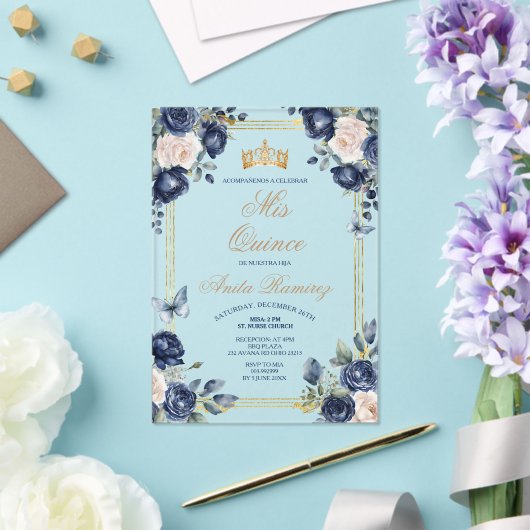 Mexicaanse Marine Blauwe Bloemen & Gouden Kroon Mi Acryl Uitnodigingen (Insitu (Huwelijk))