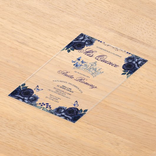 Mexicaanse Marine Blauwe Bloemen Zilveren Kroon Mi Acryl Uitnodigingen (Laagn)