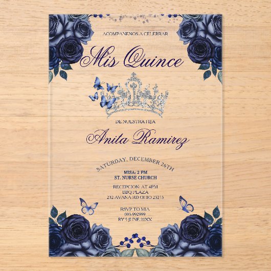 Mexicaanse Marine Blauwe Bloemen Zilveren Kroon Mi Acryl Uitnodigingen (Voorkant)