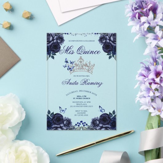 Mexicaanse Marine Blauwe Bloemen Zilveren Kroon Mi Acryl Uitnodigingen (Insitu (Huwelijk))