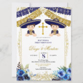 Mexicaanse marine Blue and Gold Charro Twins Invit Kaart (Voorkant)