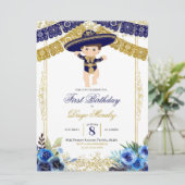Mexicaanse marine Blue en Gold Charro First Birthd Kaart (Staand voorkant)
