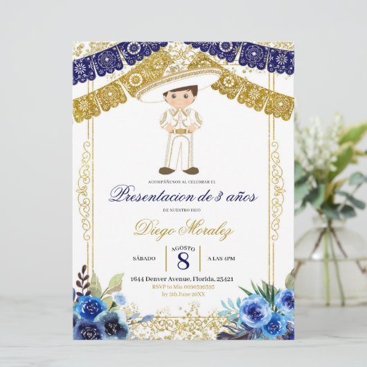 Mexicaanse marine Blue en Gold Charro Los 3 añ os Kaart (Staand voorkant)