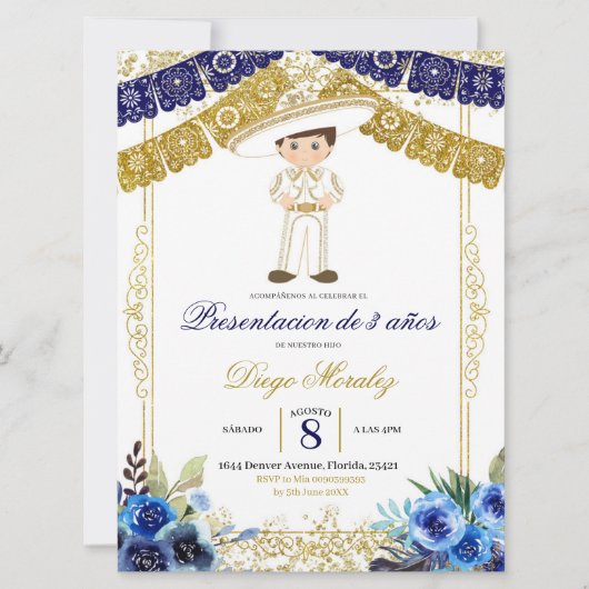 Mexicaanse marine Blue en Gold Charro Los 3 añ os Kaart (Voorkant)