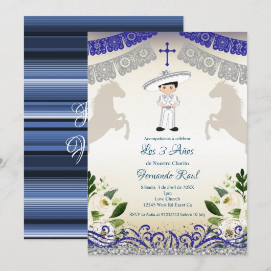Mexicaanse marine Blue Invitaciones Tres Anos Kaart (Voorkant / Achterkant)